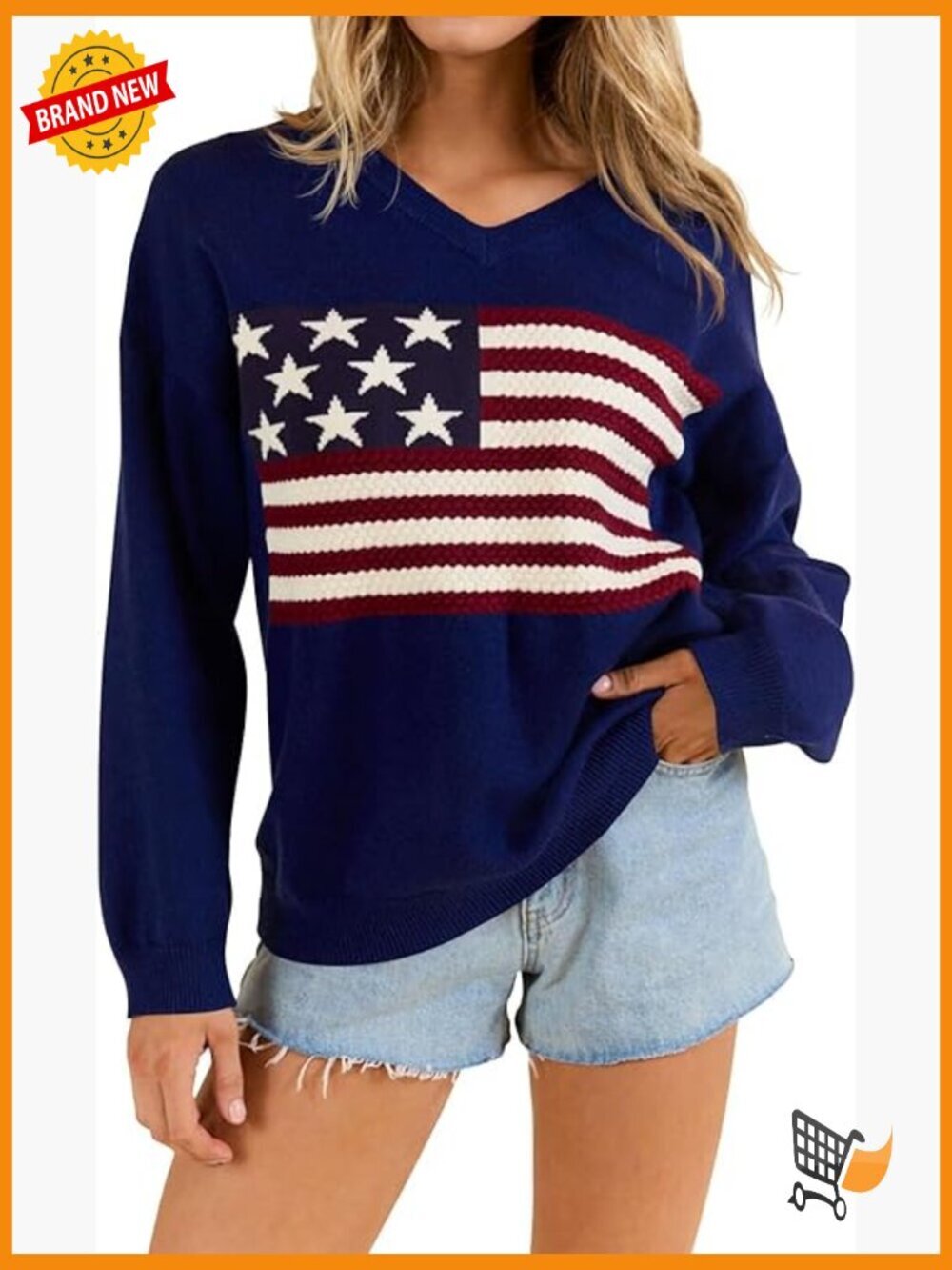 Women's Long Sleeve V-Neck Pullover Sweater USA Flag Graphic Loose Fit